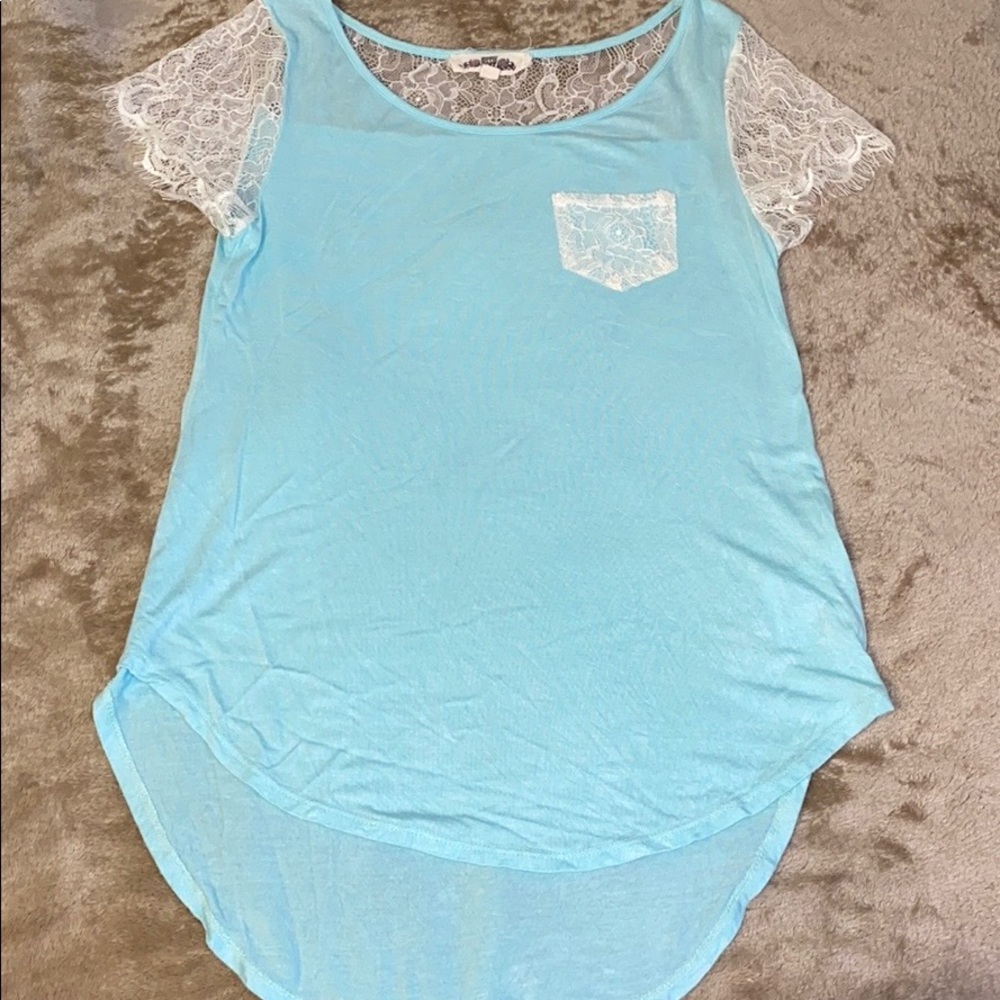 Teal top, lace sleeves, size XS
